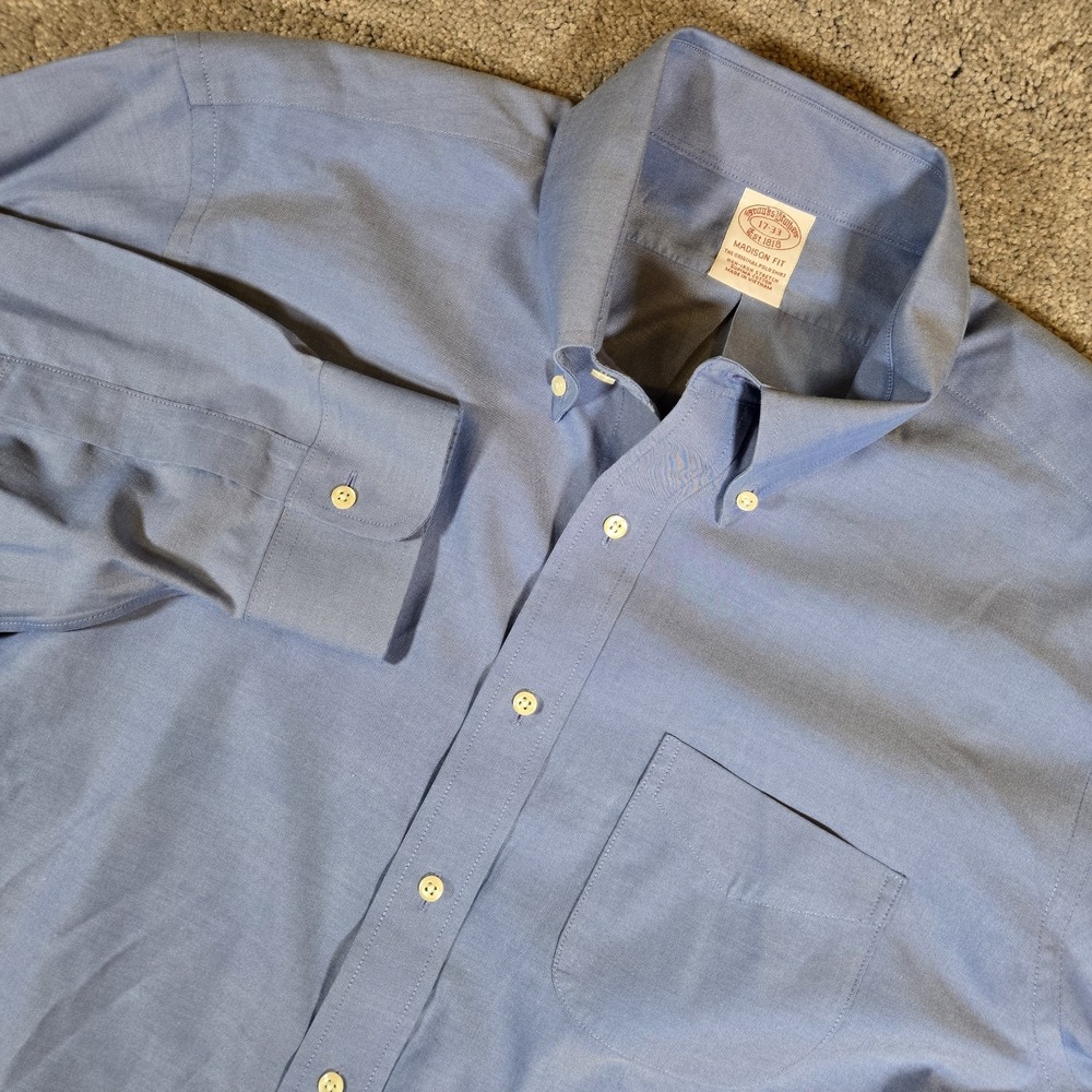 Brooks Brothers Shirt Men 17-33 Blue Madison Non-Iron Cotton Workwear Preppy